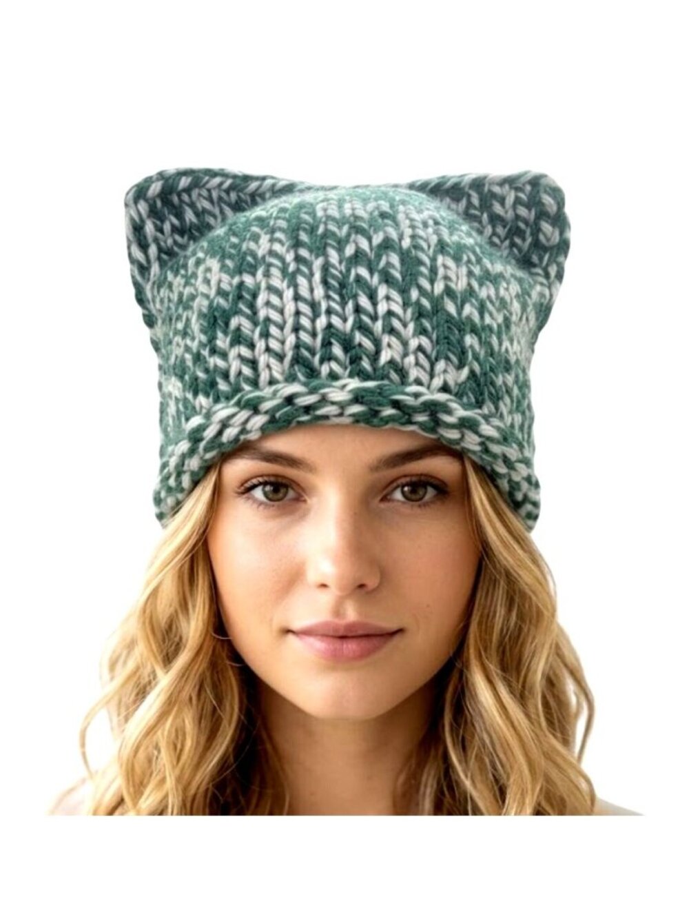 ⭐Chunky Hand Knit Cat Ear Beanie Hat Soft Cozy Green White Unisex Winter Cap New